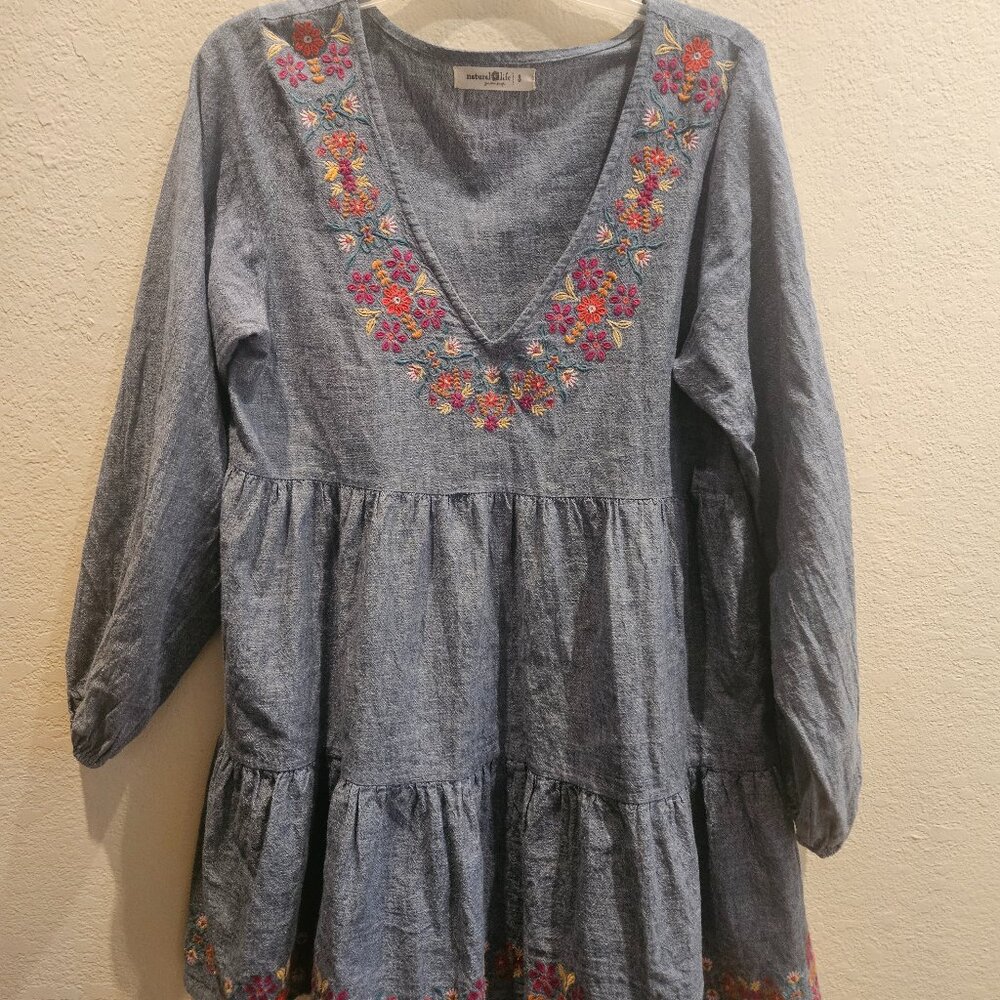 NATURAL LIFE Blue Pink Bishop Sleeve V-Neck Sundress